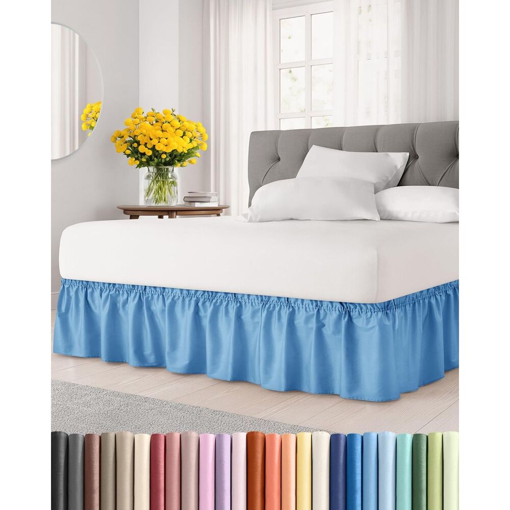 Wrap Around Dust Ruffle Bed Skirt 12 Inch Drop (Blue, Queen Size)